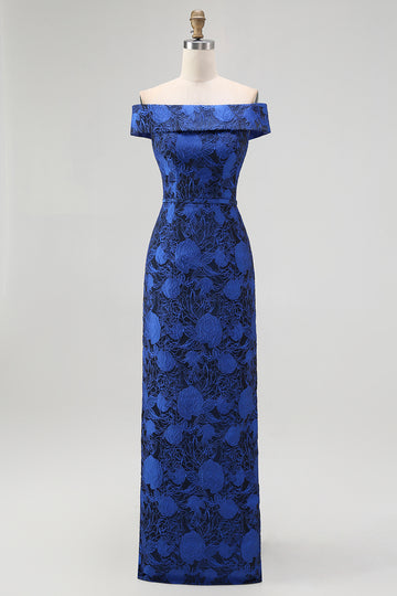 Off the Shoulder Dark Blue Sheath Floral Bridesmaid Dress with Slit